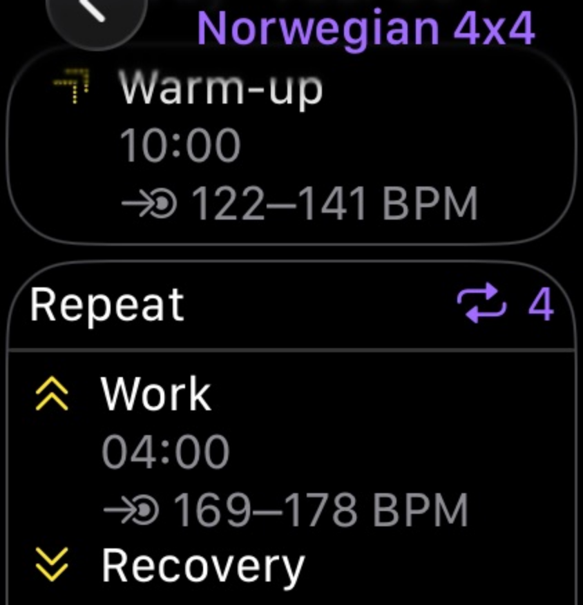 An Apple Watch showing the scheduled session: Norwegian 4x4, a 10 minute warm-up at 122 to 141 BPM, then Repeat 4 containing Work for 4 minutes at 169 to 178 BPM followed by Recovery.